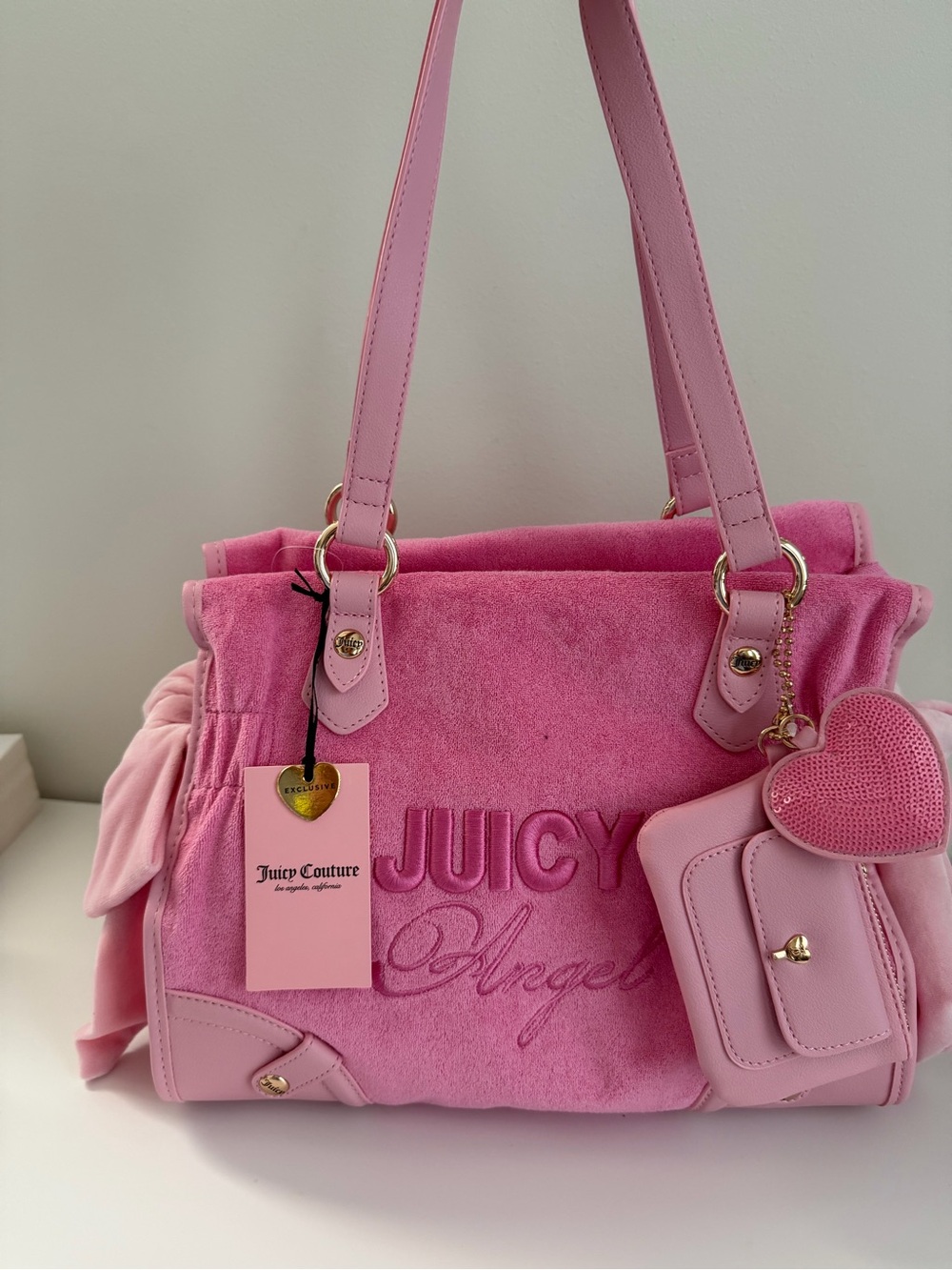 Juicy Couture Pink Suede 'Juicy Angel' Shoulder Bag with Heart Charm